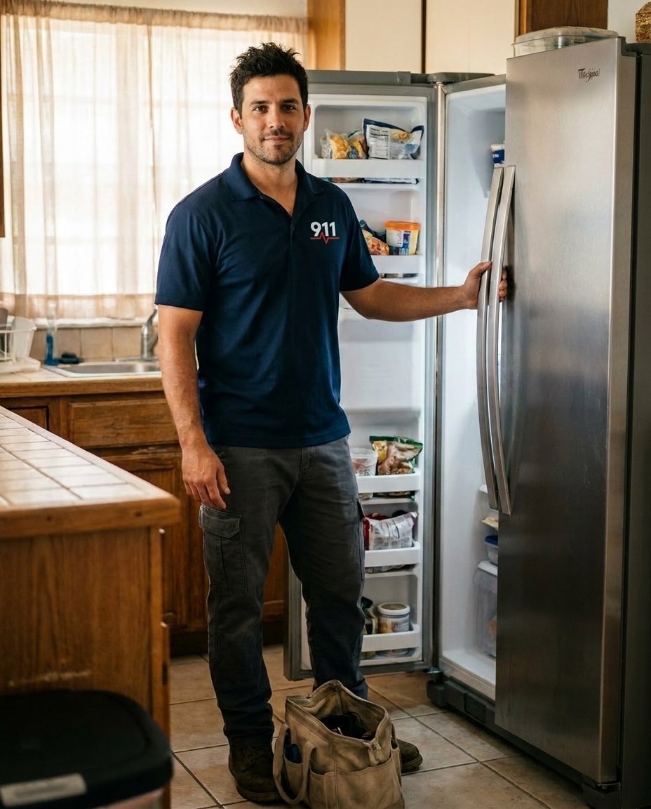 911 Appliance Services technician at an open refrigerator in an Atlanta kitchen
