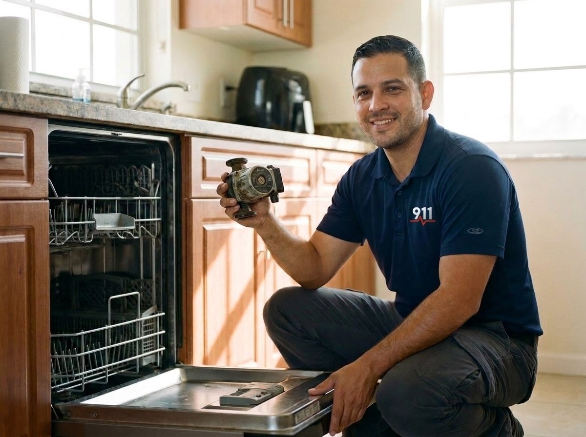 911 Appliance Services technician holding a failed dishwasher pump in an Atlanta kitchen