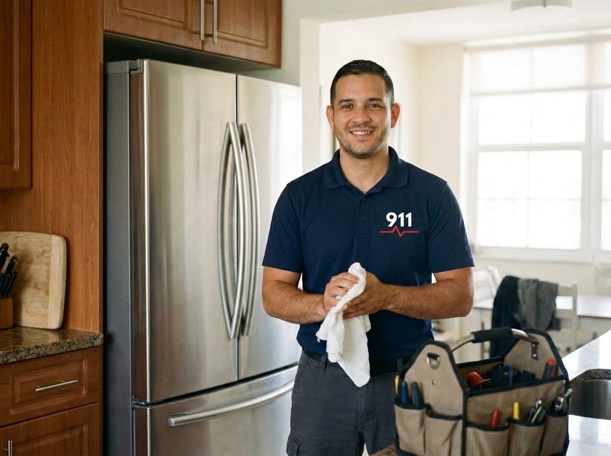 911 Appliance Services technician finishing a refrigerator repair in Atlanta