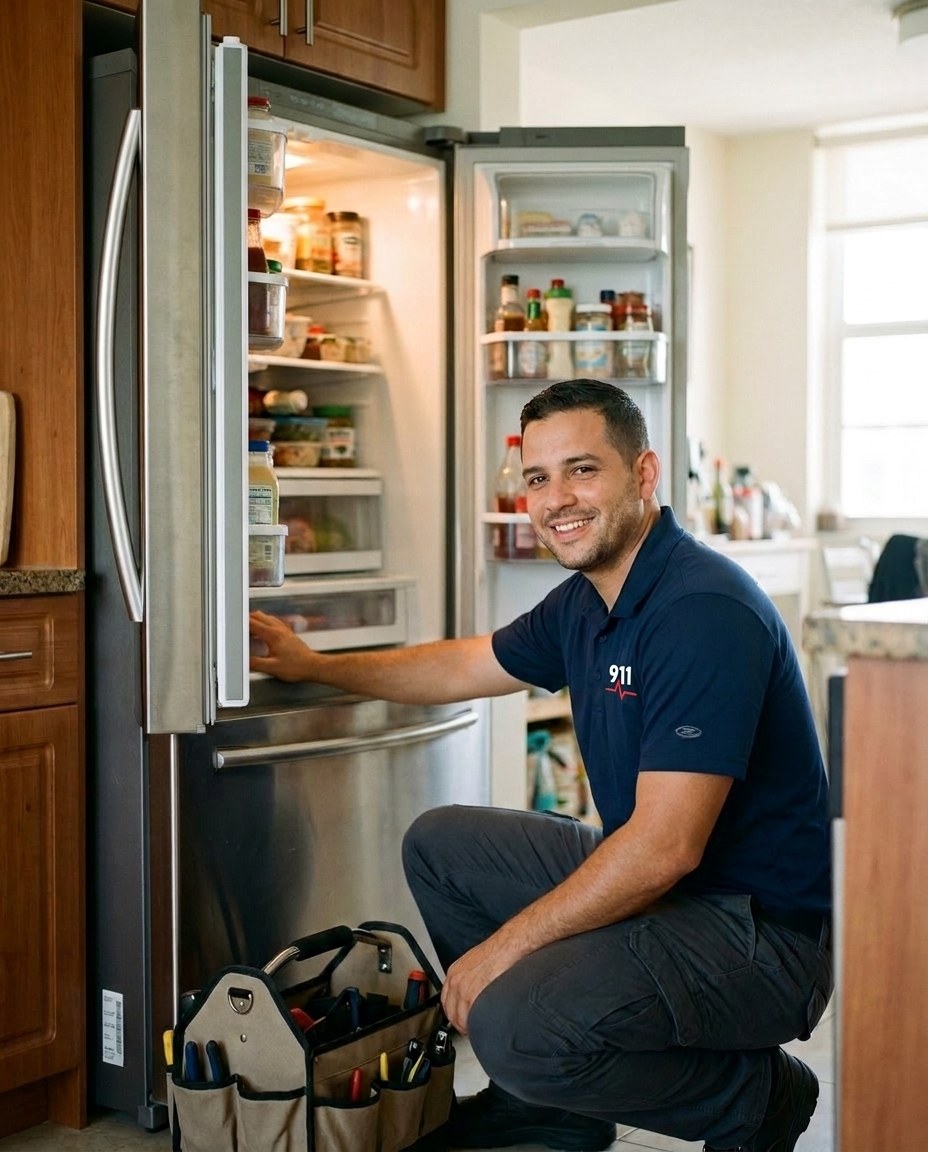 911 Appliance Services technician repairing a refrigerator in a Miami kitchen