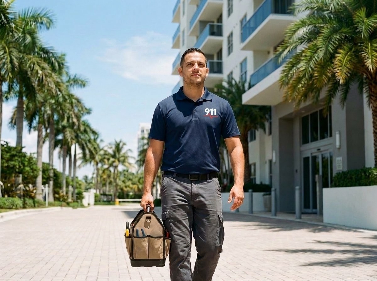 911 Appliance Services technician arriving at a Miami condo tower