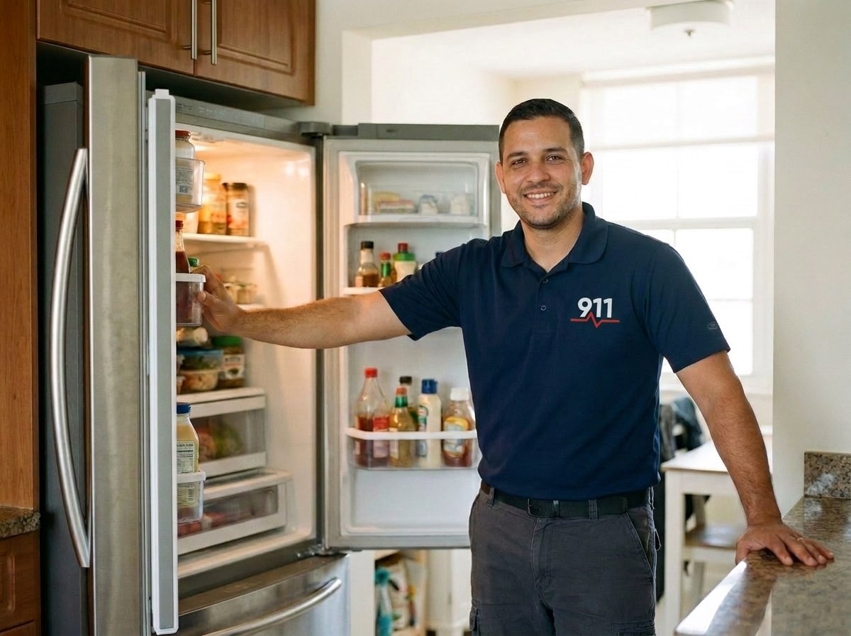 911 Appliance Services technician at an open refrigerator, smiling